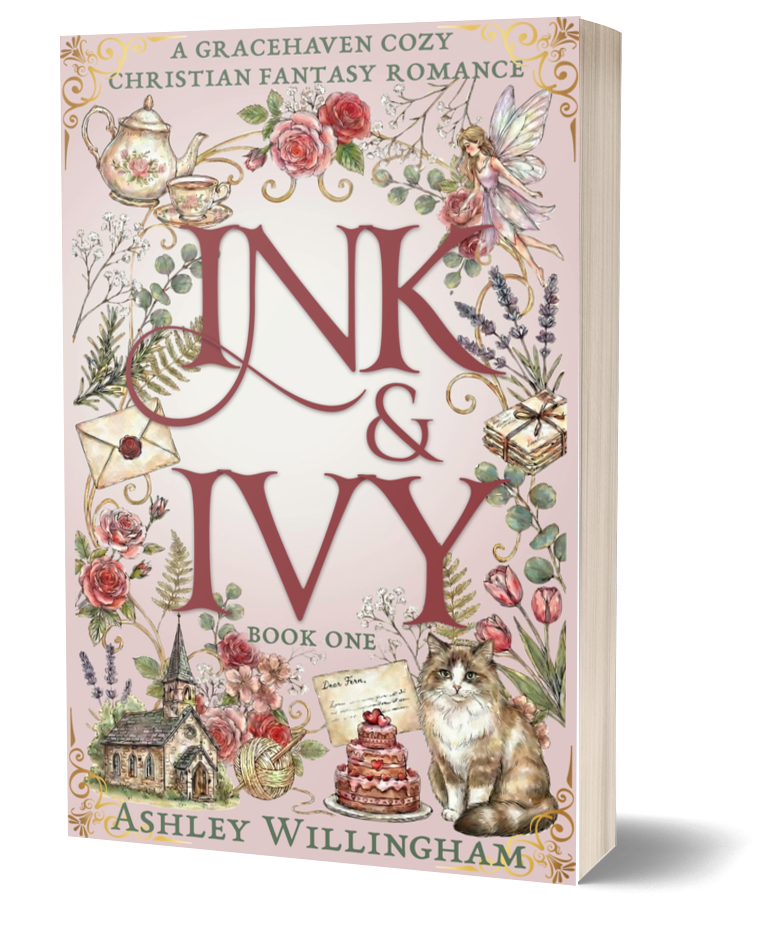 Book cover of 'Ink & Ivy' by Ashley Willingham with decorative elements on a white background