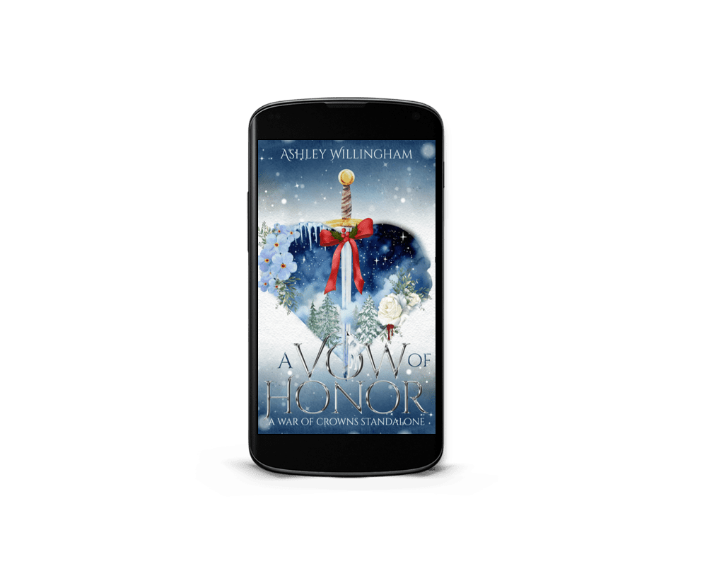 A Vow of Honor Ebook by Ashley Willingham A picture of a cellphone showing the ebook cover for A Vow of Honor by Ashley Willingham