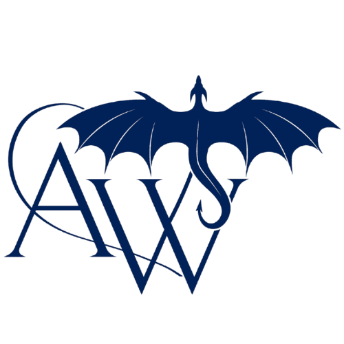 The initials AW framed by a heart and a dragon