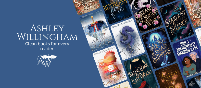 A picture of various book covers and the words: Ashley Willingham. Clean books for every reader.