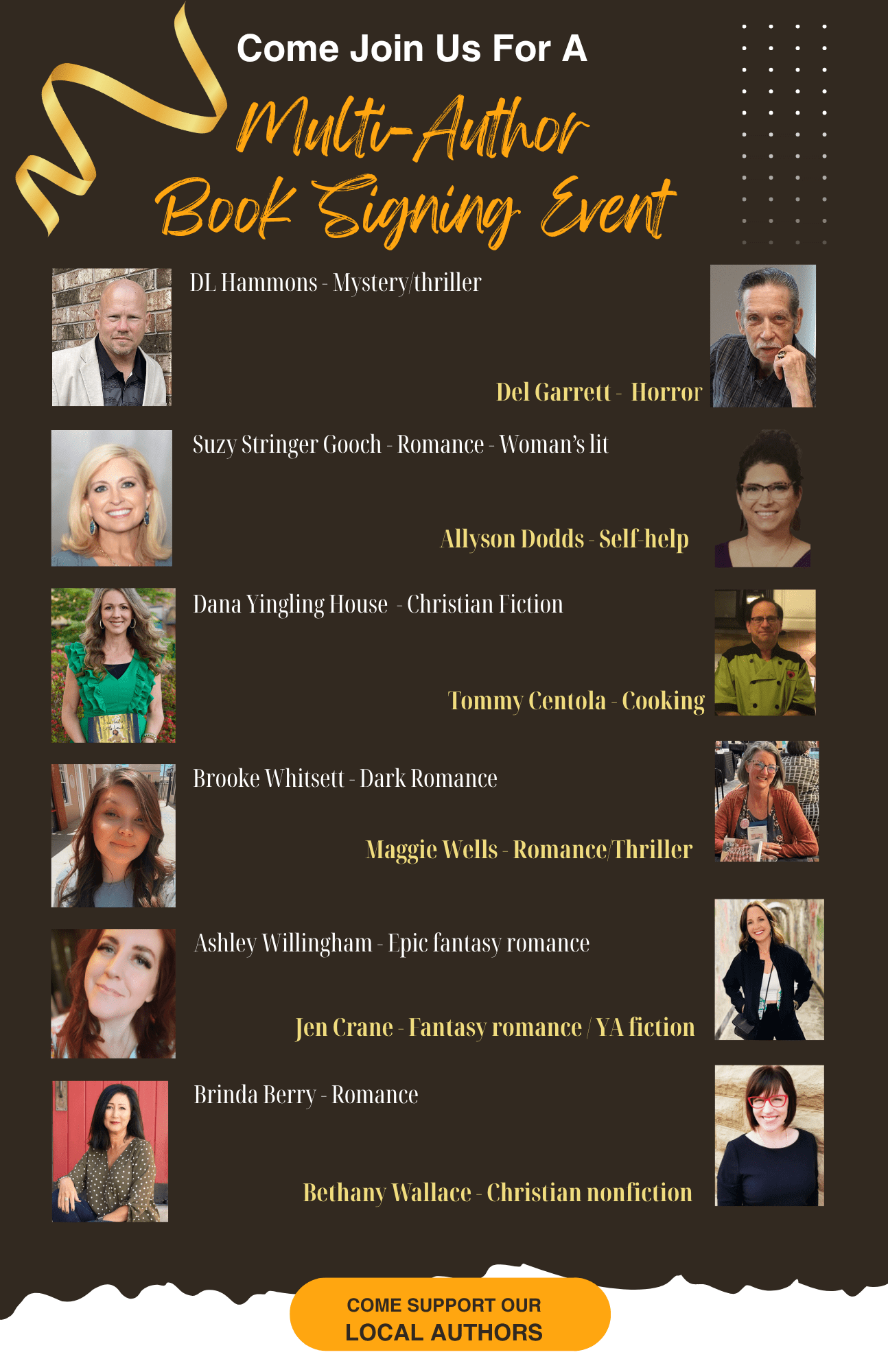 Multi-Author Book Signing Flyer B (1) A picture showing the 12 authors going to be in attendance at the multi-author book signing in Searcy, AR at the library on July 12 from 11 am to 2 pm.