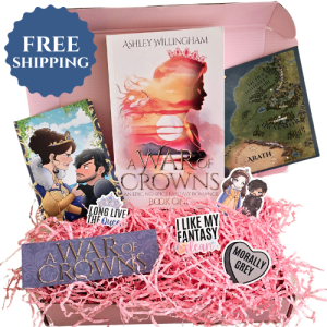 A book box containing a paperback copy of A War of Crowns and swag showing a badge that reads "Free Shipping"