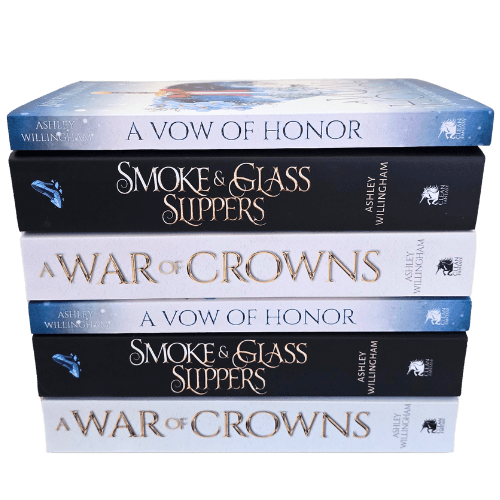 Learn More About Books A stack of Ashley Willingham's books including A War of Crowns, A Vow of Honor, and Smoke and Glass Slippers
