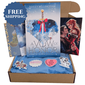 A picture of a book box containing A Vow of Honor by Ashley Willingham and swag. A badge reads "Free Shipping"